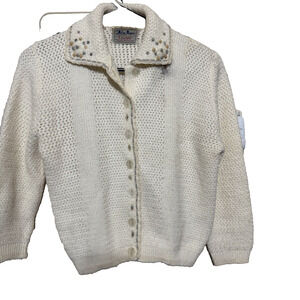 Vtg HELEN HARPER sweater luxura orlon MCM short sleeve beaded ivory 1960s M